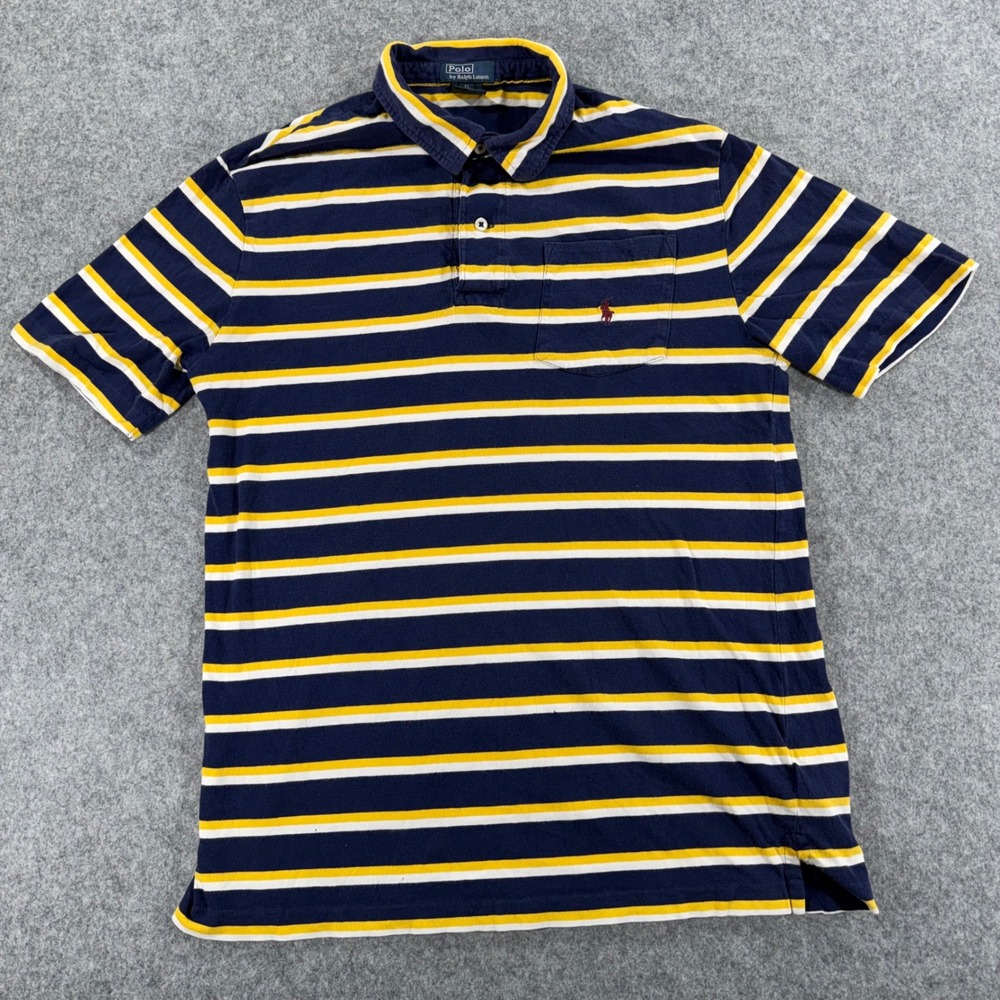 Polo Ralph Lauren XL Striped Pocket Polo Shirt Navy Blue Yellow White‎ Cotton